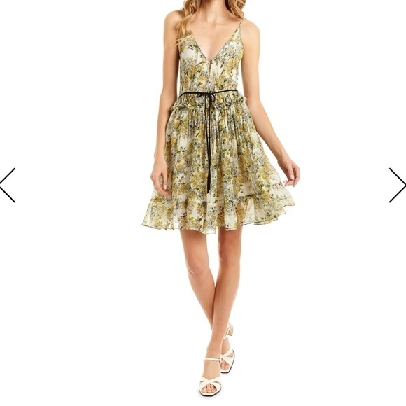 Nieman Marcus Secret Mission Silk Yellow Ditzy Floral Pleated Benazir Mini Dress - Picture 1 of 10